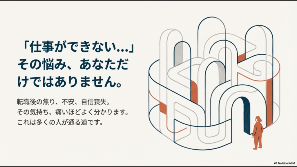 迷路の中で出口を探すビジネスパーソンのイラストと「仕事ができない...その悩み、あなただけではありません」というタイトル文字。