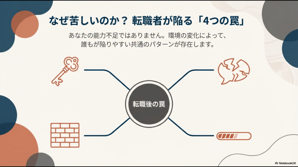 転職後の苦しみの原因となる4つの要素(前職の罠、孤立の罠、3ヶ月の壁、スキル不足の罠)を示した図解。
