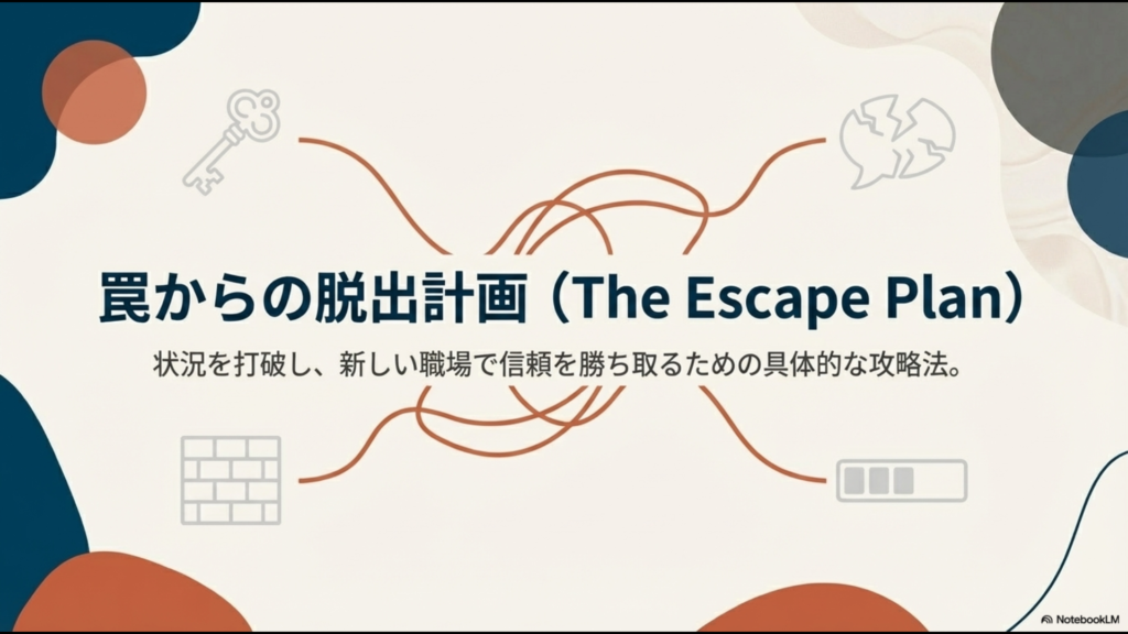 「罠からの脱出計画(The Escape Plan)」というタイトルと、壁を突き破る人物のピクトグラム。