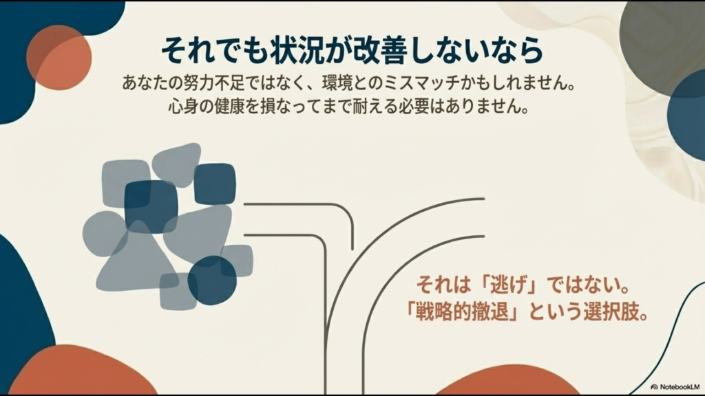 努力不足ではなく環境とのミスマッチである場合、「逃げ」ではなく「戦略的撤退」という選択肢があることを示すスライド。